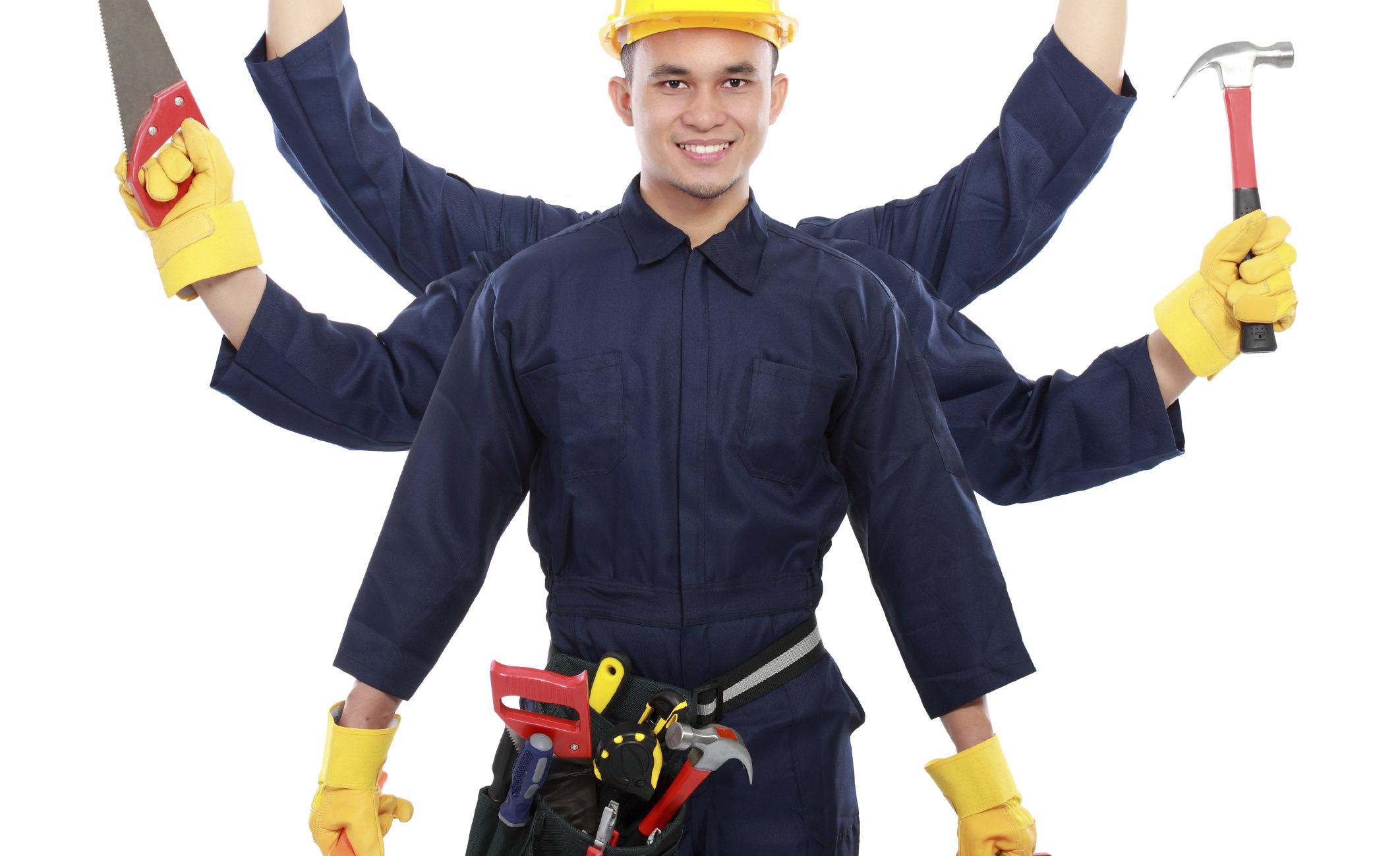 portrait of worker use blue uniform with six arm hold equipment. multitasking concept